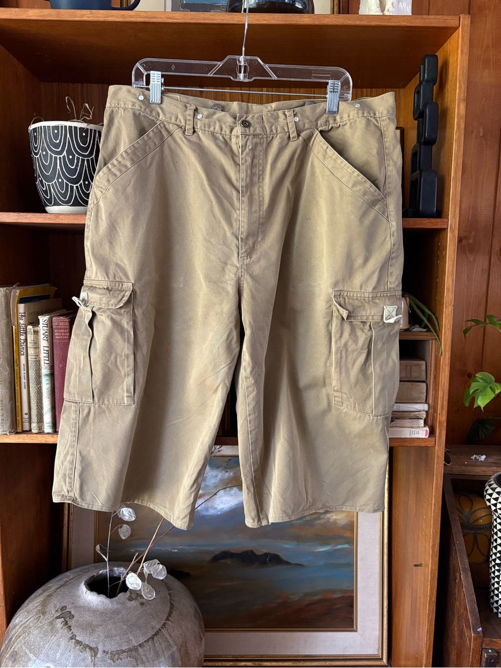 90s Vintage Cargo Shorts Tan Khaki Wide Leg Skate Grunge Gorpcore Goblincore 38”